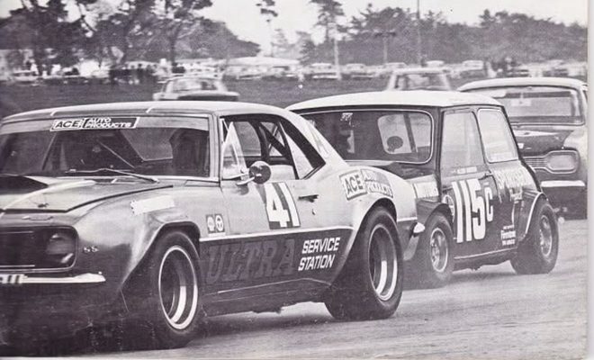 Bruce Jenner's #41 Camaro alongside Grant Aitken's Mini