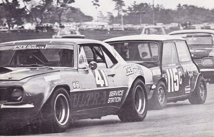 Bruce Jenner's #41 ACE Auto Products / Ultra Service Station Camaro alongside Grant Aitken's Mini