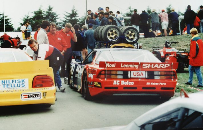 The AC Delco Camaro from behind in the Ruapuna paddock, Noel Leeming Sharp rear wing and USA plate
