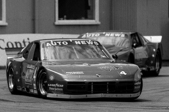 Chris Kneifel in the #4 Porsche 944 leads Scott Lagasse in the blue Pontiac at Wigram