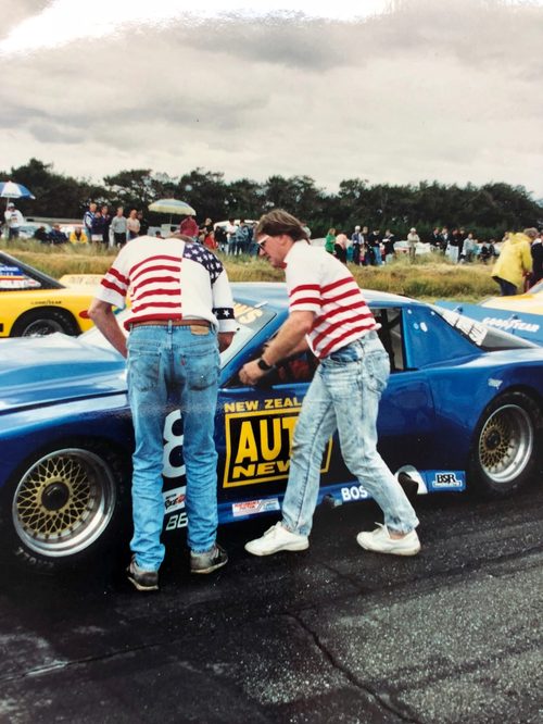 Bruce Jenner at the door of the blue #8 Pontiac as Scott Lagasse gets in at Wigram, January 1993