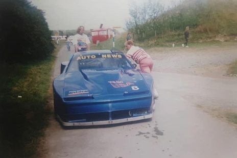 The blue #8 Pontiac from the front at Manfeild