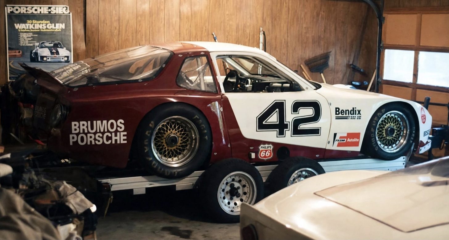 The #42 Porsche 944 on a trailer in a wood-panelled garage, Brumos Porsche on the tail