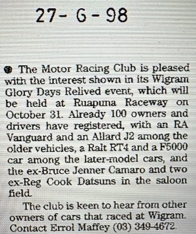 Newspaper note, 27 June 1998: Wigram Glory Days Relived at Ruapuna