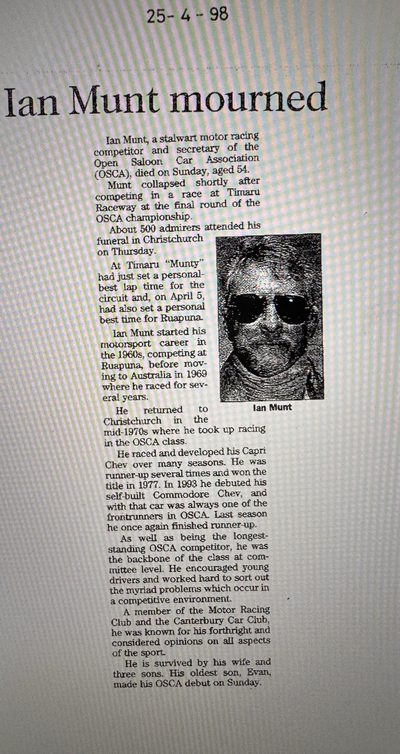 Newspaper obituary, 25 April 1998: Ian Munt mourned