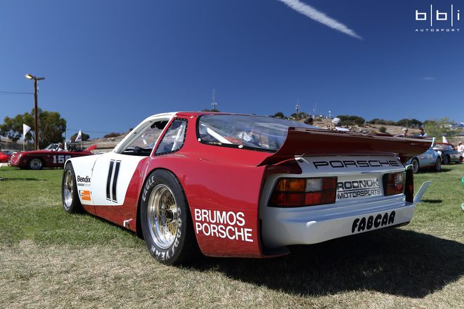 Porsche 944 #11 from the rear in red and white Brumos Porsche livery, built by Fabcar