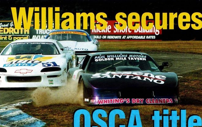 Paul Williams' Resene Santano Camaro kicks up dirt ahead of Chevrolet Camaros at Timaru, March 2000