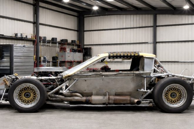 The car's bare chassis today, during its current restoration