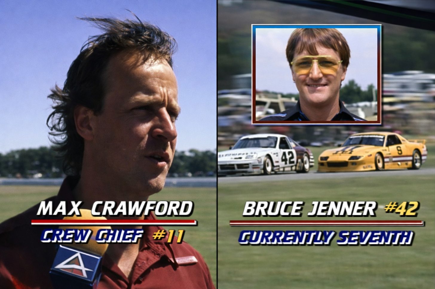TV graphics: Max Crawford, crew chief #11, and Bruce Jenner #42, currently seventh, with the #42 Porsche racing a yellow #6