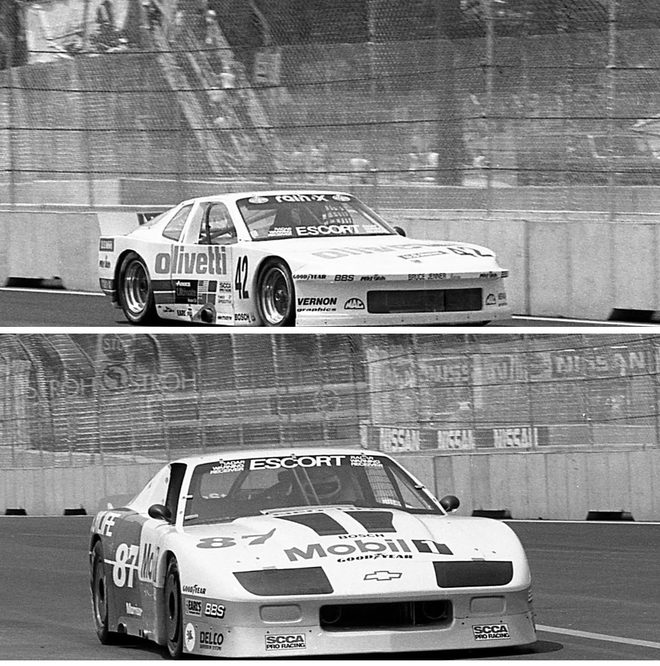 Bruce Jenner's #42 Porsche 944 above and the Olympian Bruce Jenner's #87 Camaro below, Niagara Falls 1988